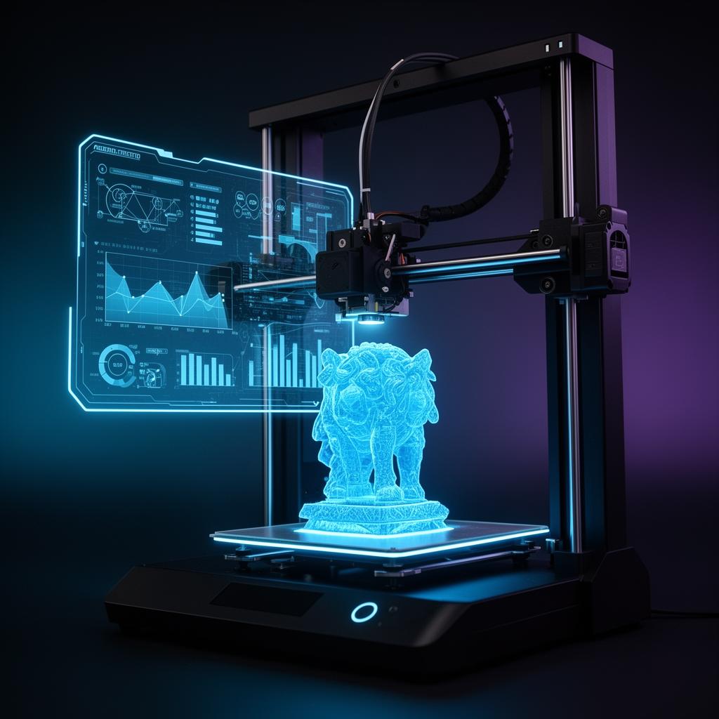 Impressora 3D moderna em operação com dashboard de gestão Forma3DHub ao fundo